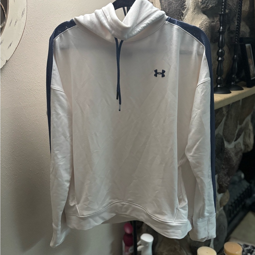 Under Armour White Hoodie with Navy Shoulder Stripes